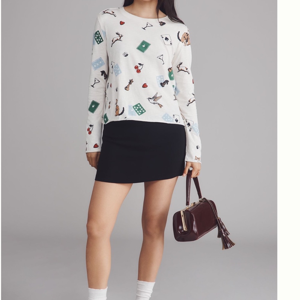 ♠️Anthropologie Caitlyn Long Sleeve Boxy Tee Maeve New Medium Cat Bird Ace Bunny - Picture 6 of 16